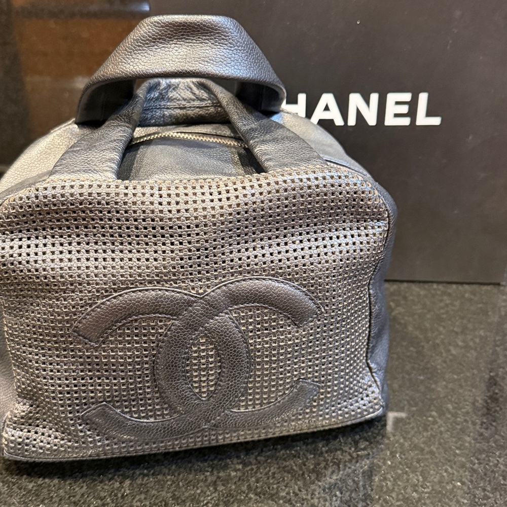AUTHENTIC CHANEL Black Perforated Leather Tote with Stitched CC Front